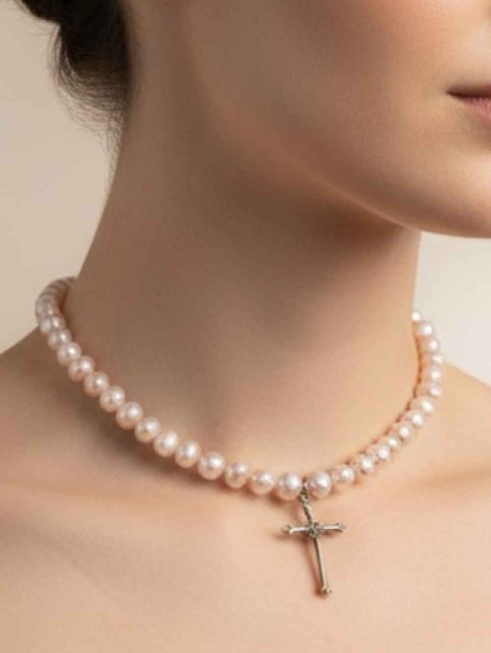 Classic Pearl Necklace with Cross Pendant